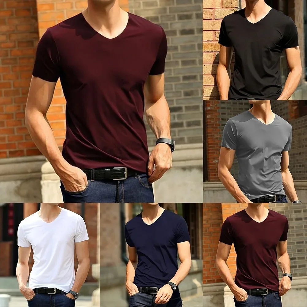 Mens Clothing Classic Japan Short Sleeve Men's Ice Silk Comfortable Trackless T-shirt V-neck Slim Short Sleeve T-shirts For Men - Image 6
