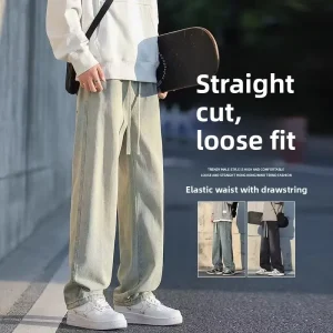 American Retro Mud Color Jeans Loose Straight Leg High Street Casual Workwear Long Trousers for Men Spring Autumn